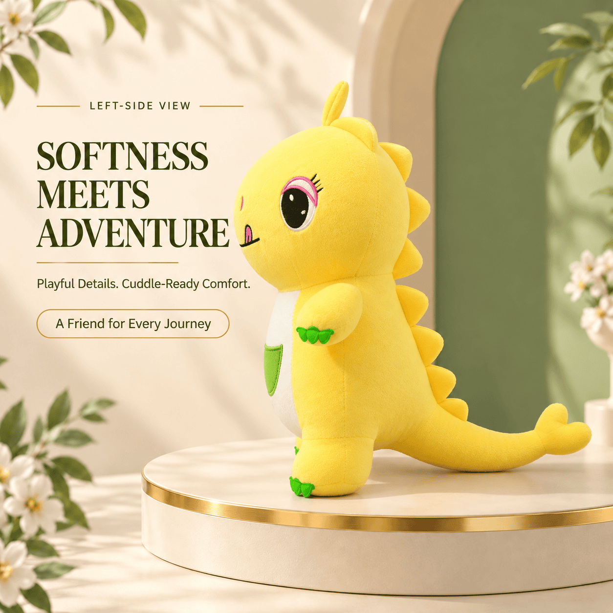 Sunny Yellow Dinosaur Plush – Soft Dino Stuffed Animal with Pocket & Green Claws