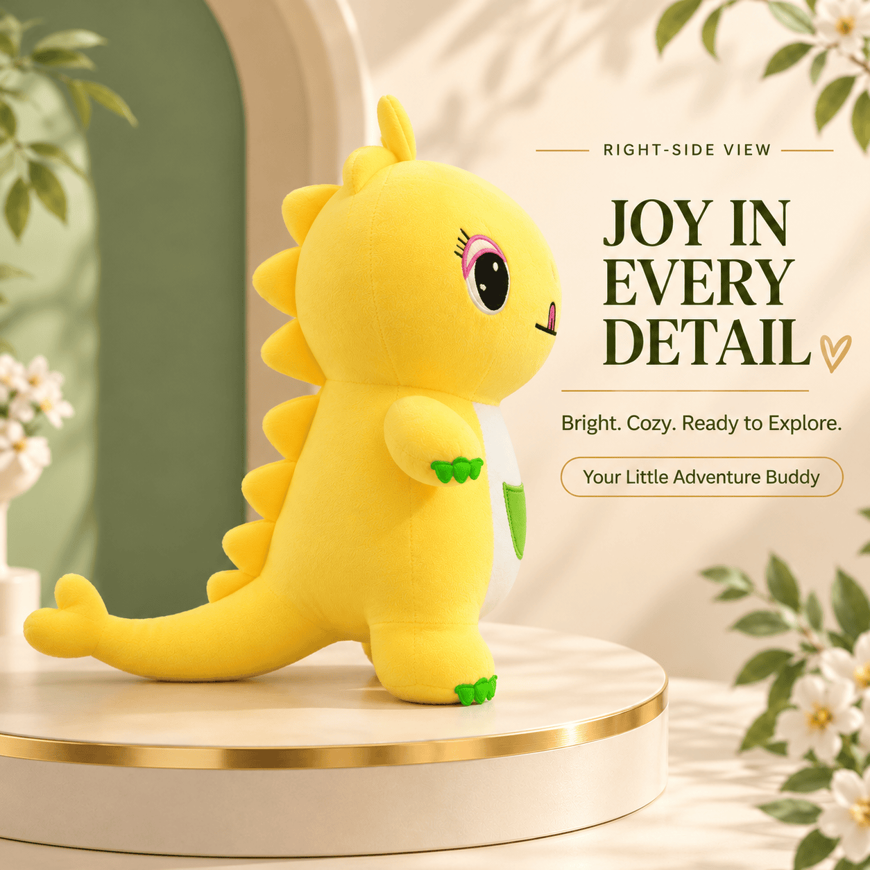 Sunny Yellow Dinosaur Plush – Soft Dino Stuffed Animal with Pocket & Green Claws