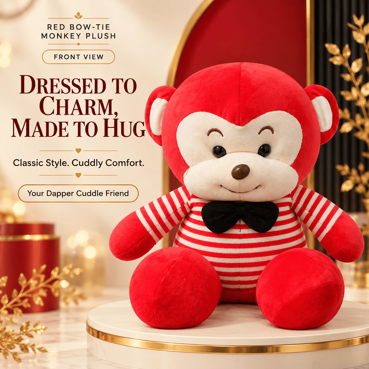 Front view of a red bow-tie monkey plush toy wearing a red and white striped sweater sitting on a pedestal