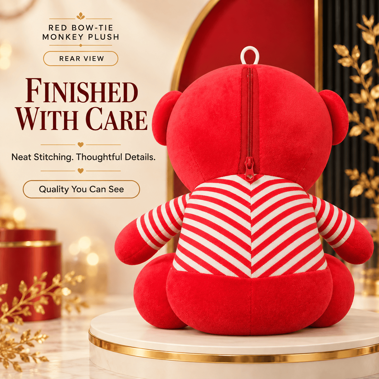 Red Bow-Tie Monkey Plush – Soft Striped Sweater Stuffed Animal Doll