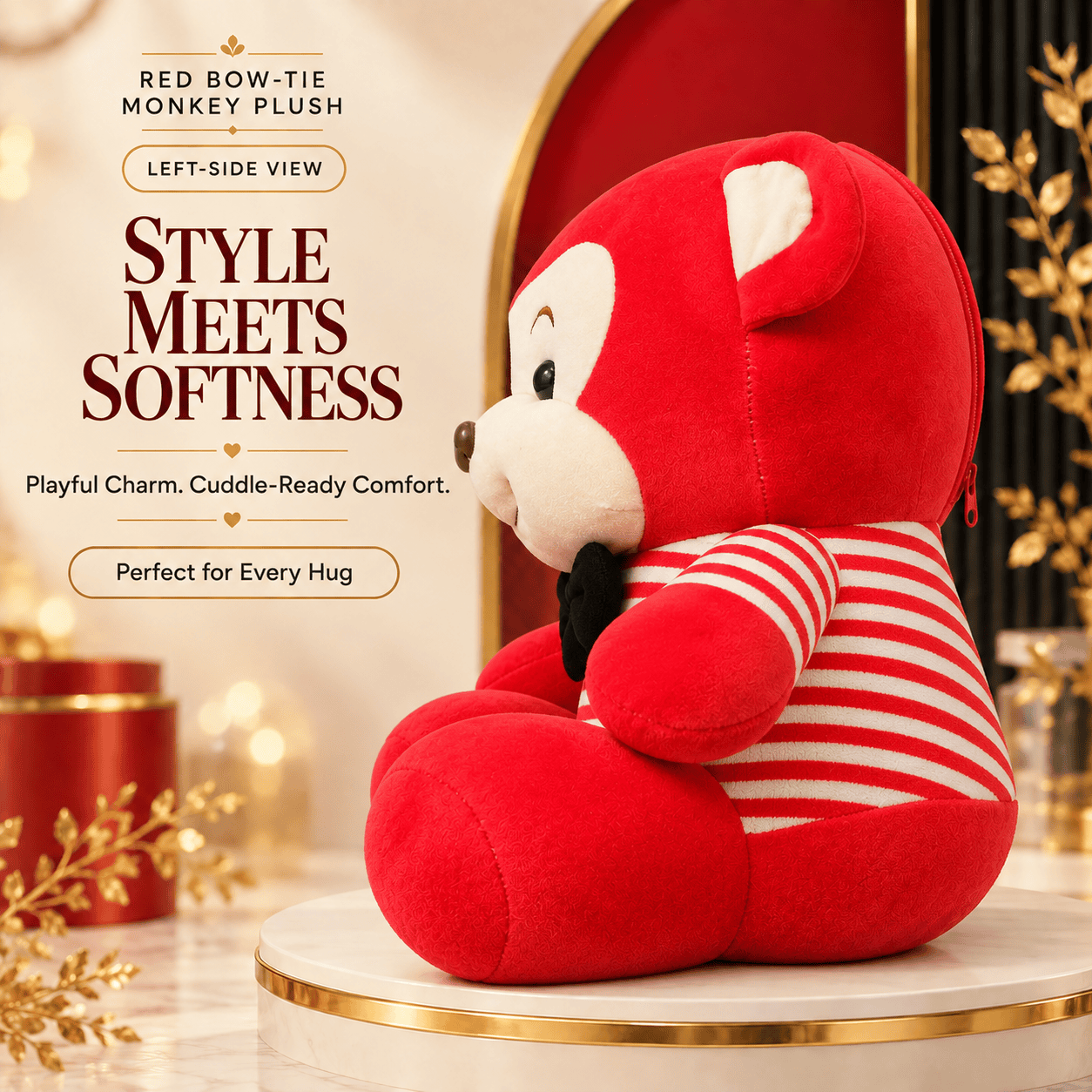 Red Bow-Tie Monkey Plush – Soft Striped Sweater Stuffed Animal Doll