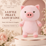 Front view of a pastel pink floppy-ear puppy plush toy wearing a black collar on a display pedestal.