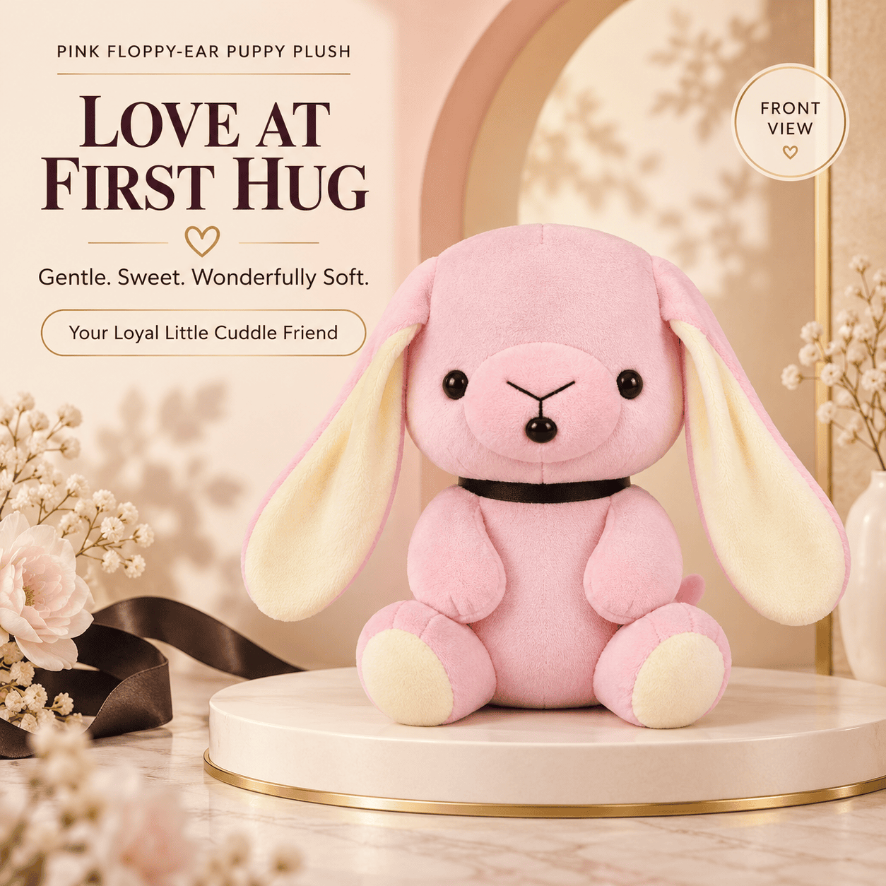 Front view of a pastel pink floppy-ear puppy plush toy wearing a black collar on a display pedestal.