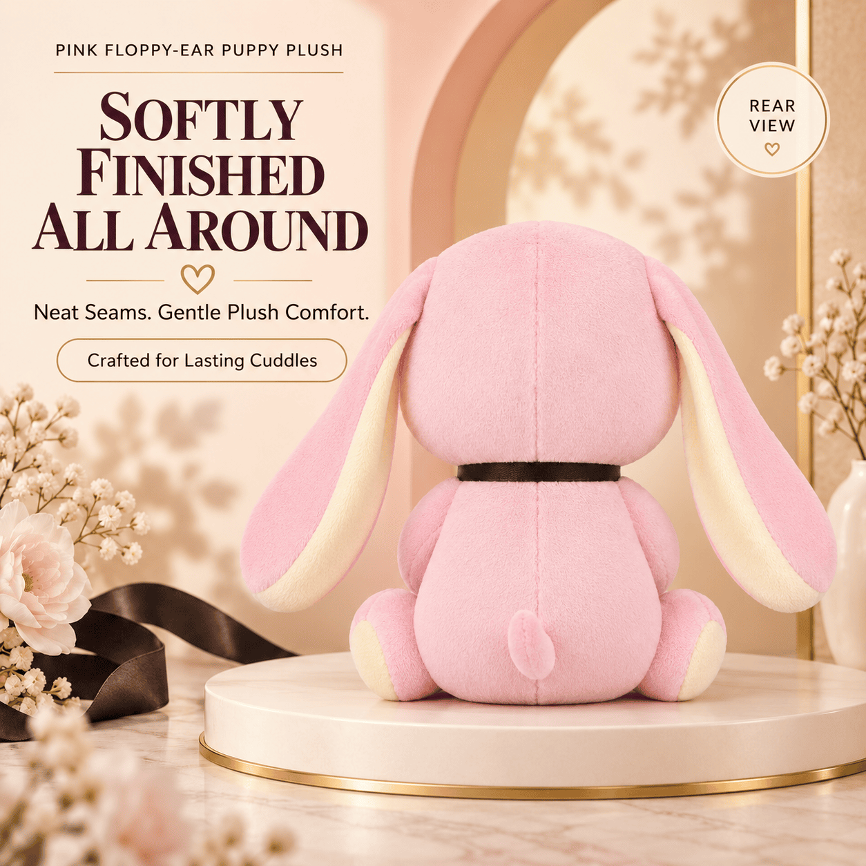 Pink Floppy-Ear Puppy Plush – Soft Pastel Stuffed Dog with Black Collar
