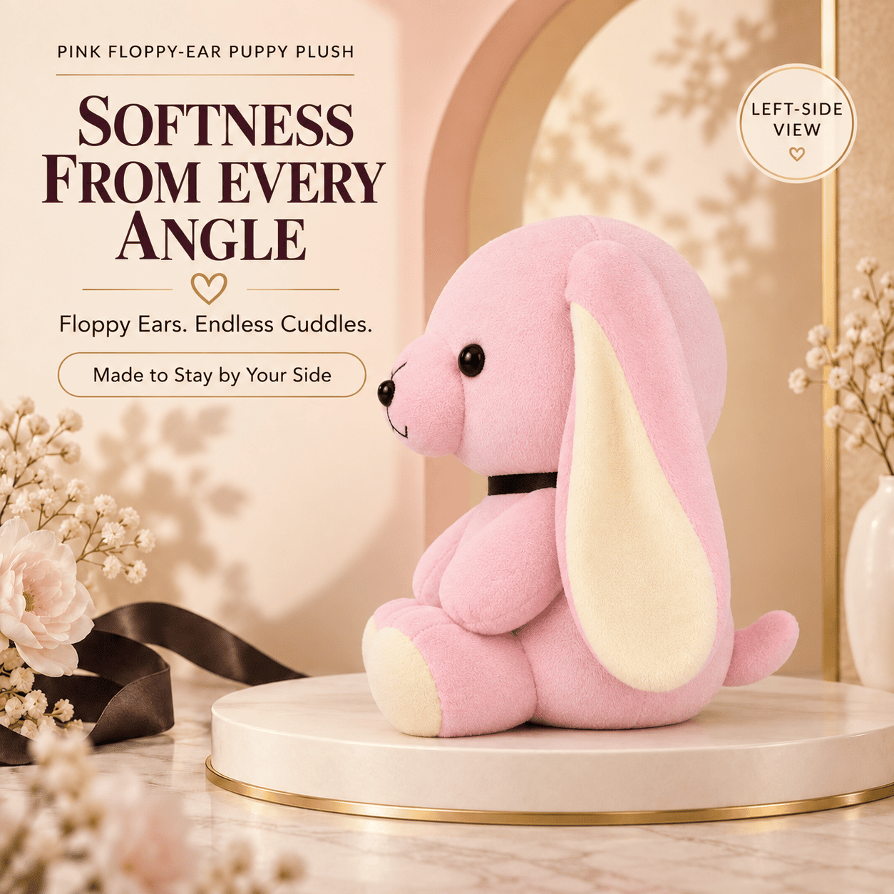 Pink Floppy-Ear Puppy Plush – Soft Pastel Stuffed Dog with Black Collar