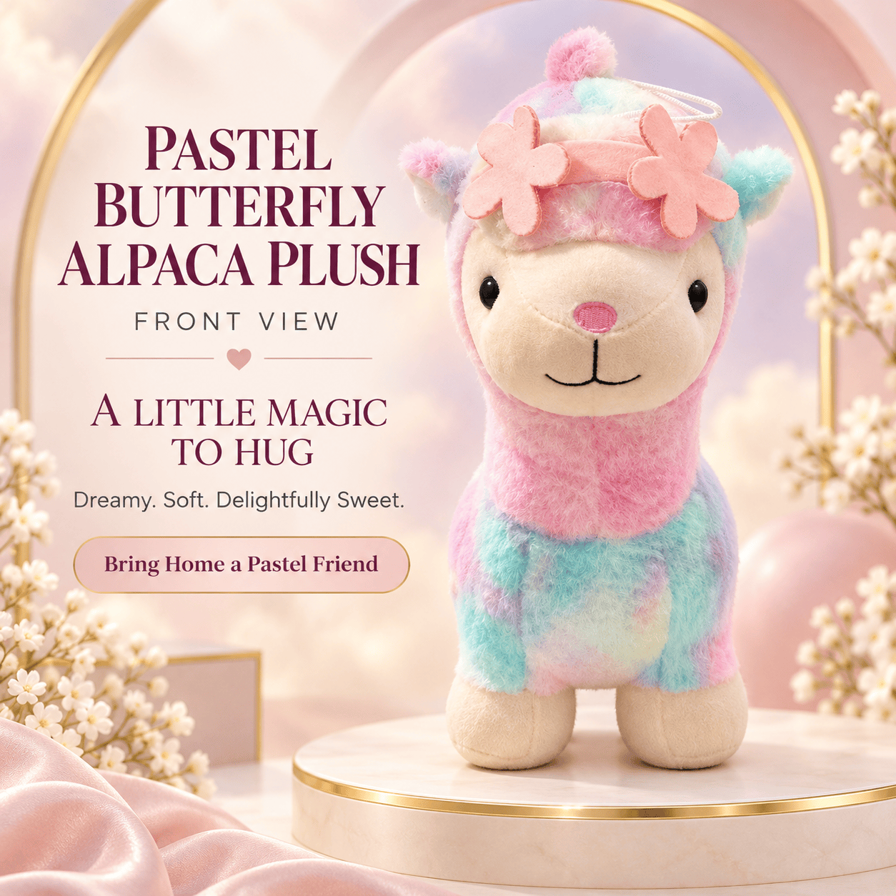 Front view of a pastel tie-dye butterfly alpaca plush toy wearing a pink flower headband standing on a marble display platform.