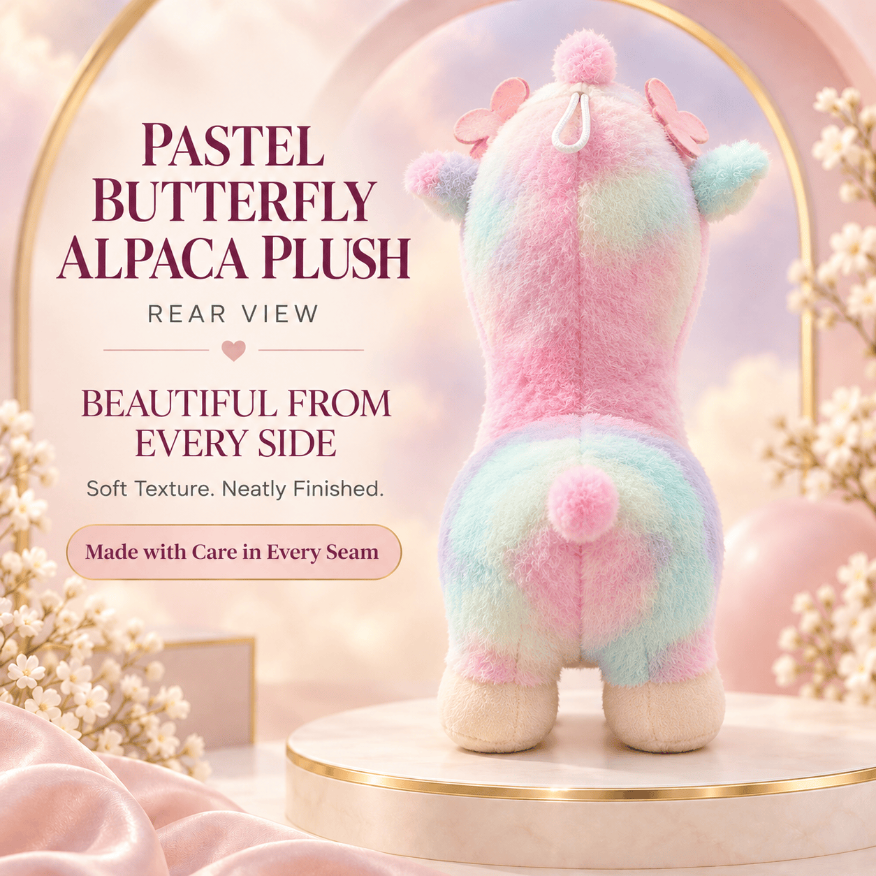 Pastel Butterfly Alpaca Plush – Soft Tie-Dye Llama Stuffed Animal with Pink Flower Headband