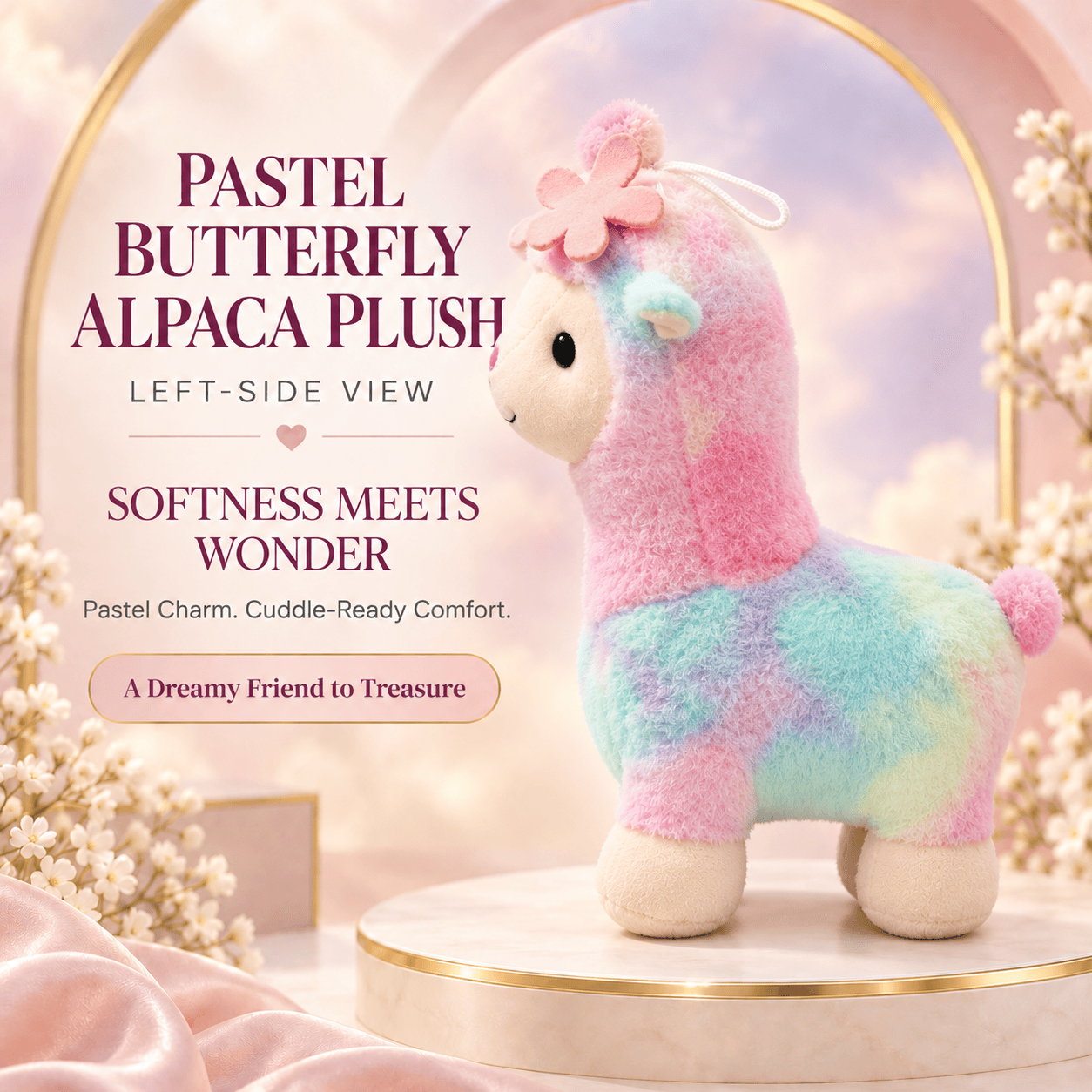 Pastel Butterfly Alpaca Plush – Soft Tie-Dye Llama Stuffed Animal with Pink Flower Headband