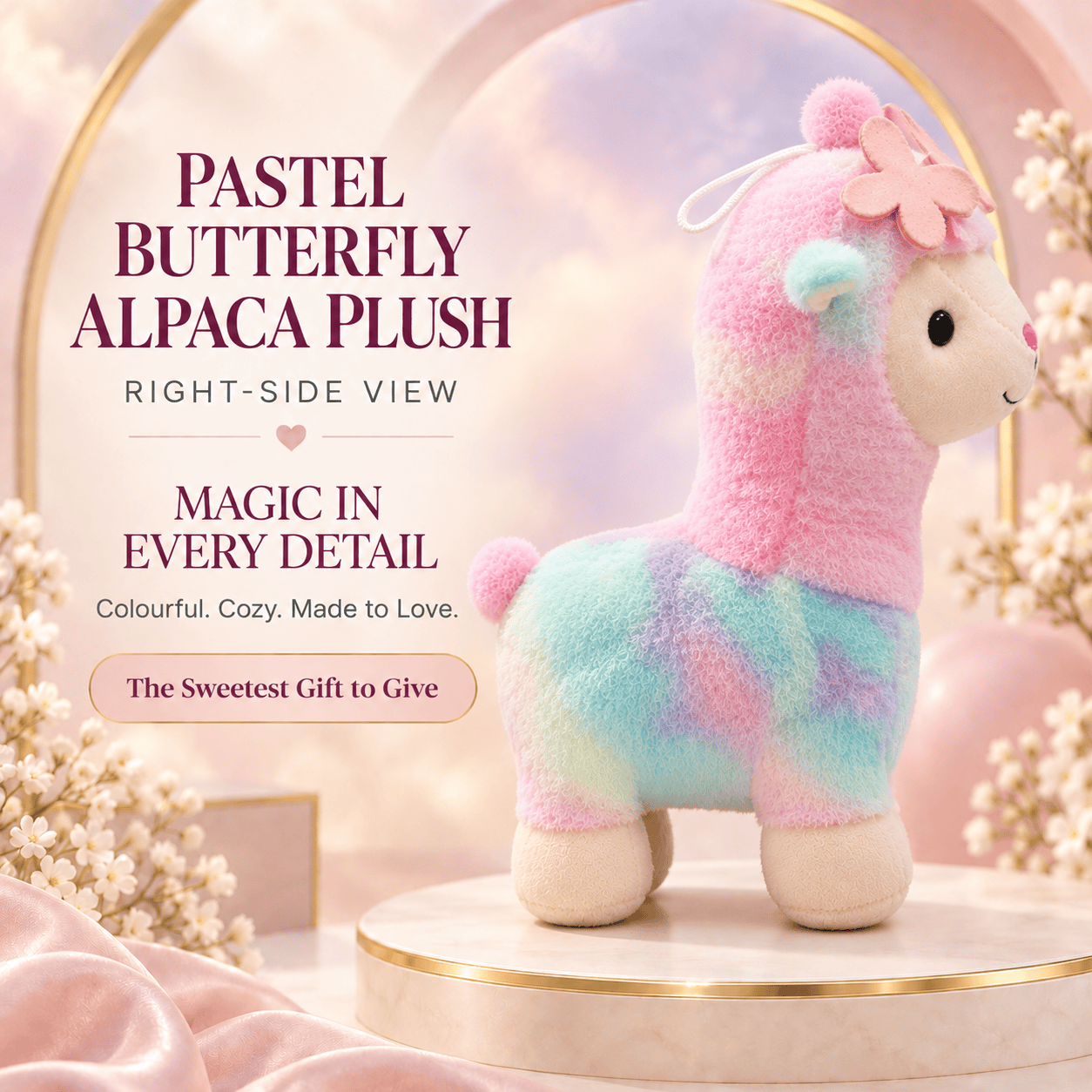 Pastel Butterfly Alpaca Plush – Soft Tie-Dye Llama Stuffed Animal with Pink Flower Headband