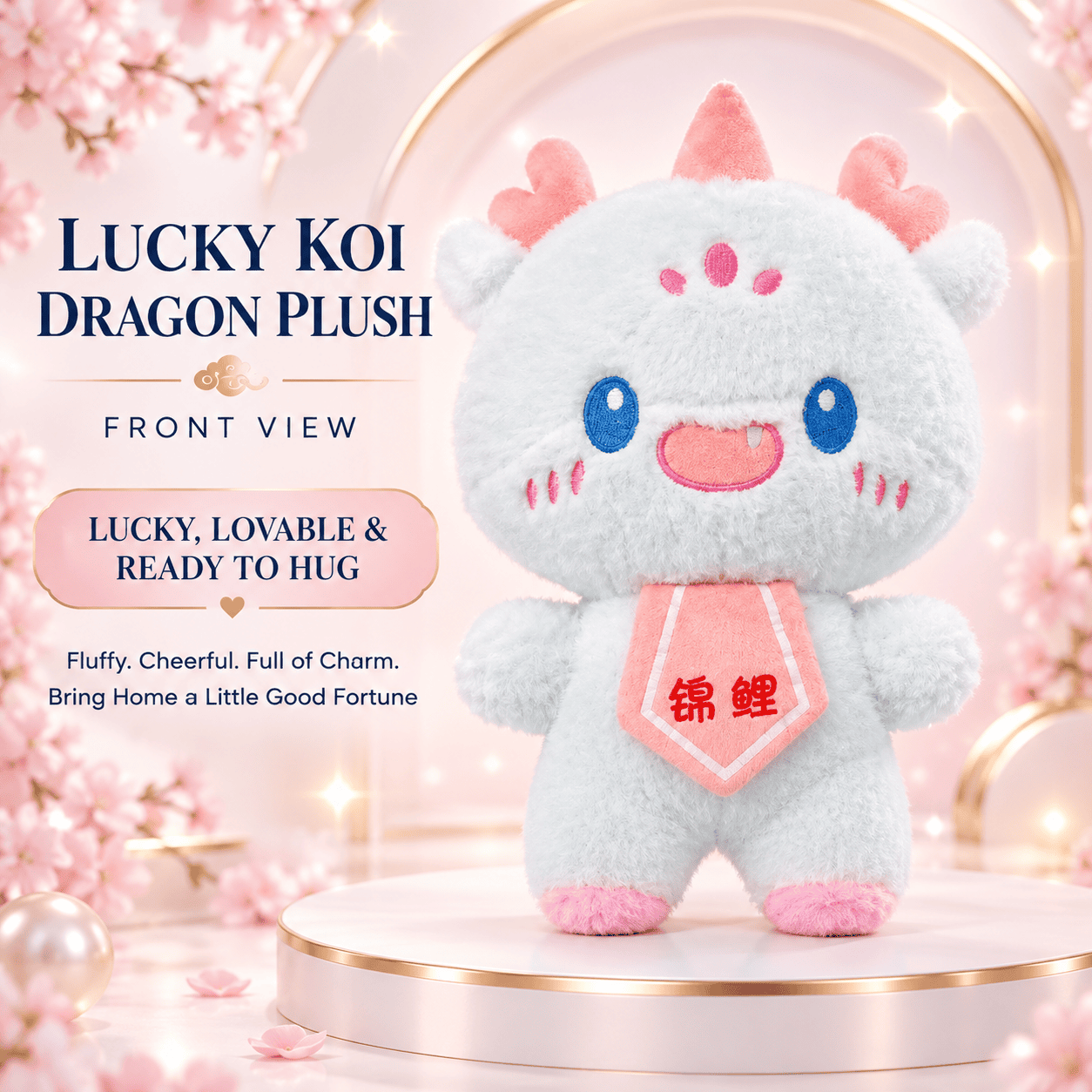 Front view of a fluffy mint green lucky koi dragon plush toy wearing a pink fortune bib.