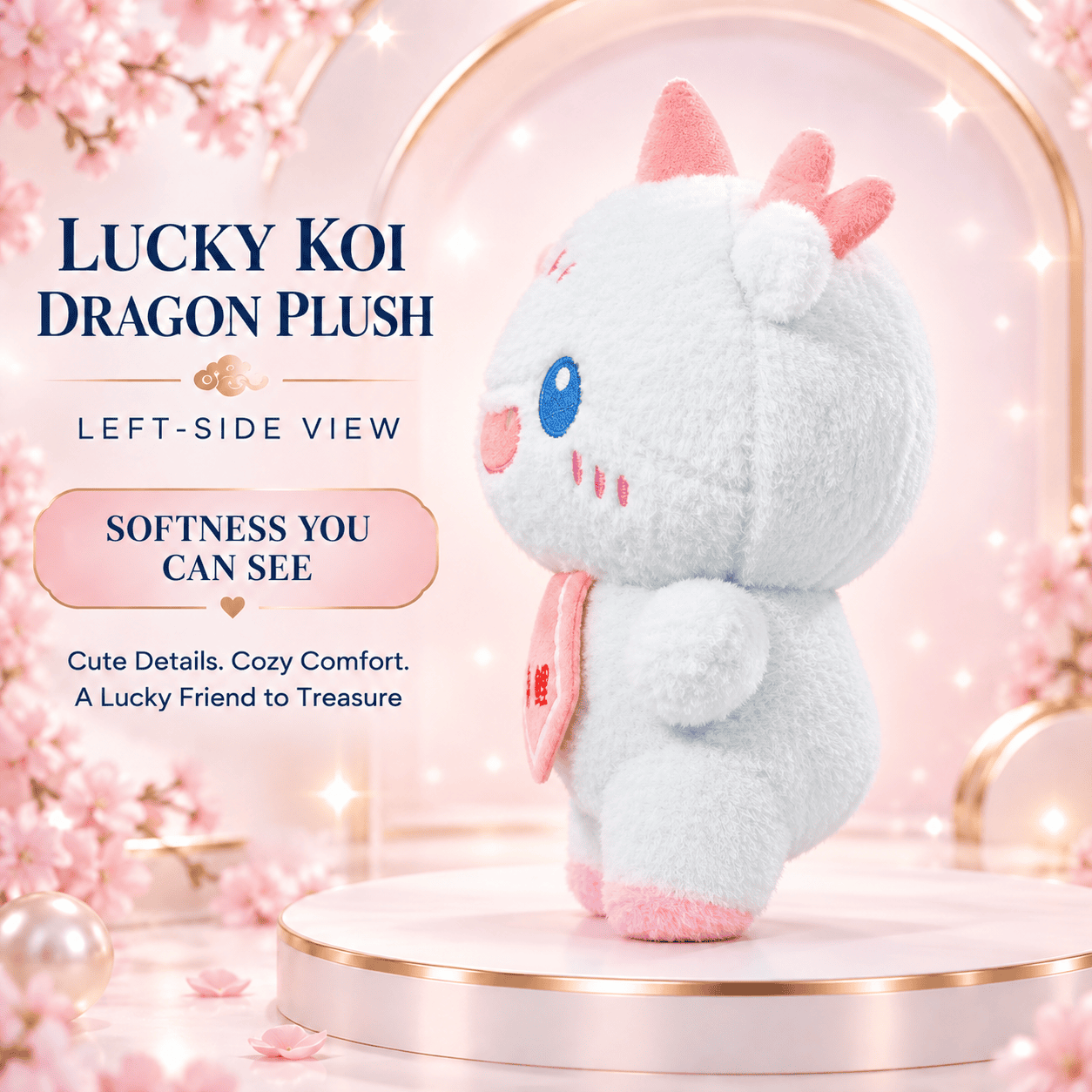 Lucky Koi Dragon Plush – Soft Fluffy Pastel Dragon Stuffed Animal with Fortune Bib