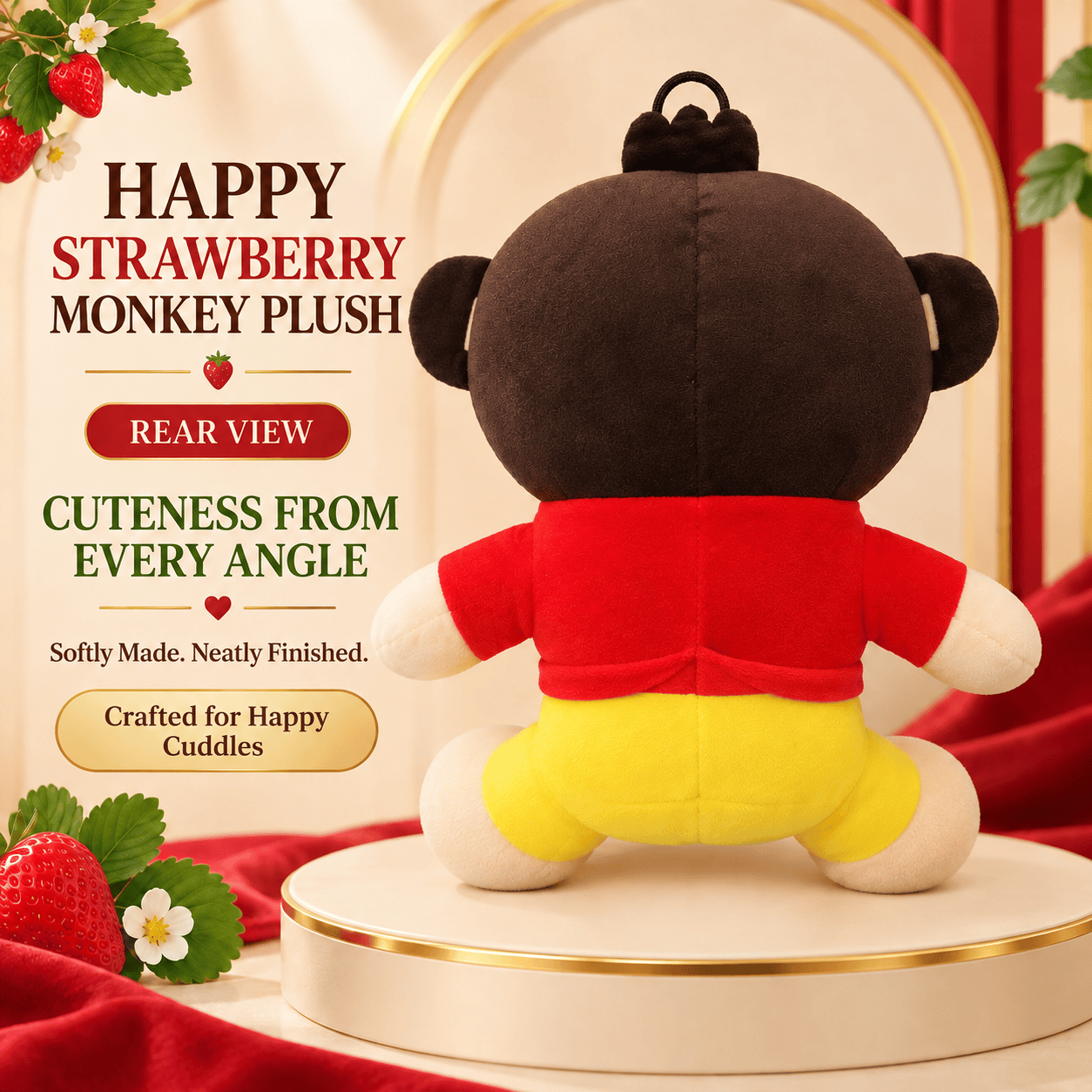 Happy Strawberry Monkey Plush – Soft Stuffed Animal in Red Shirt & Yellow Shorts