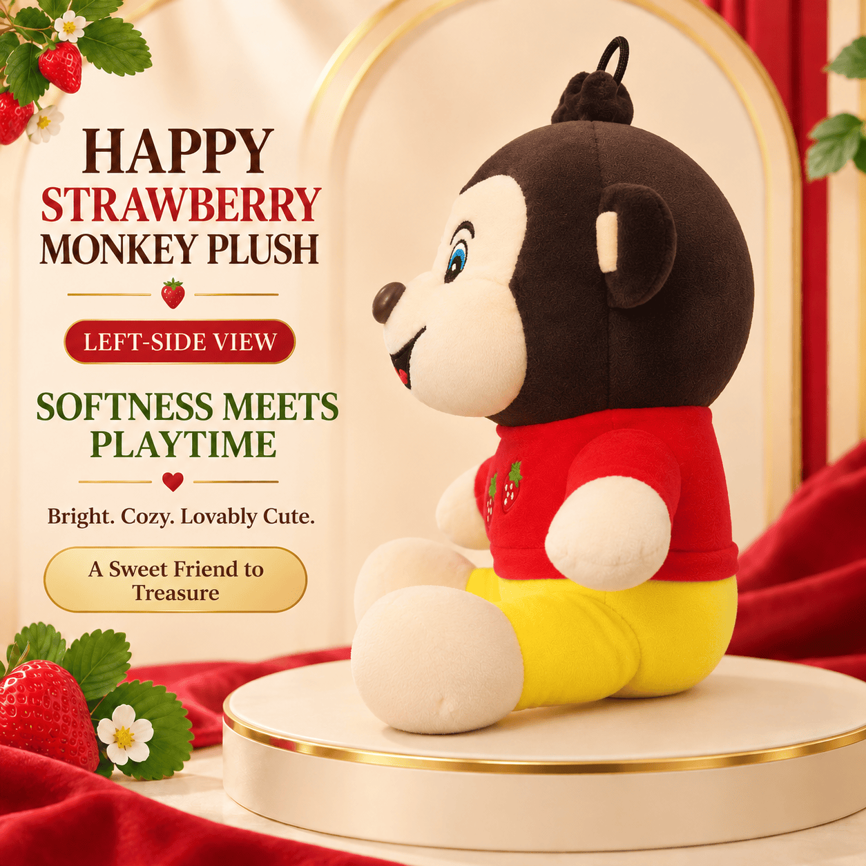 Happy Strawberry Monkey Plush – Soft Stuffed Animal in Red Shirt & Yellow Shorts