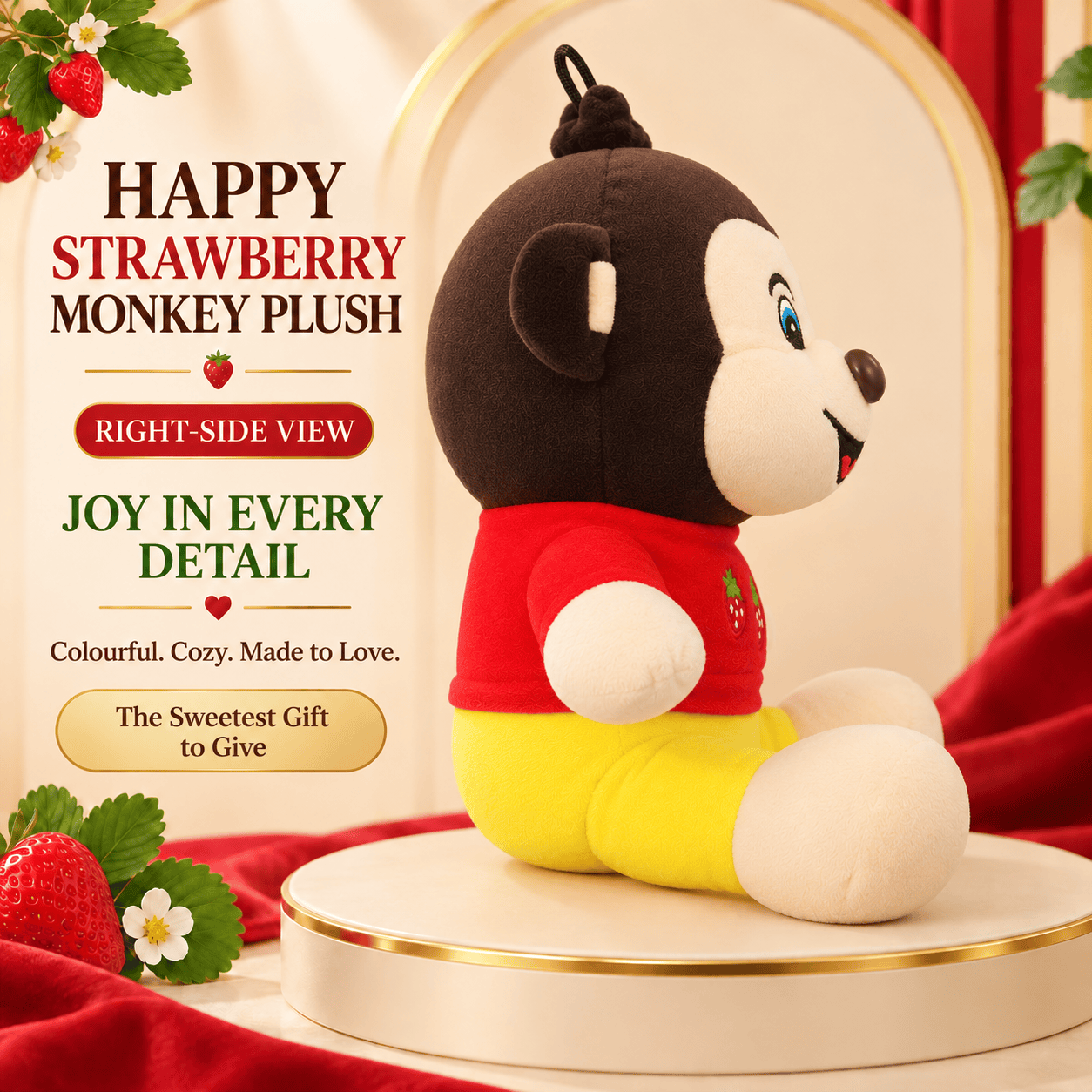 Happy Strawberry Monkey Plush – Soft Stuffed Animal in Red Shirt & Yellow Shorts