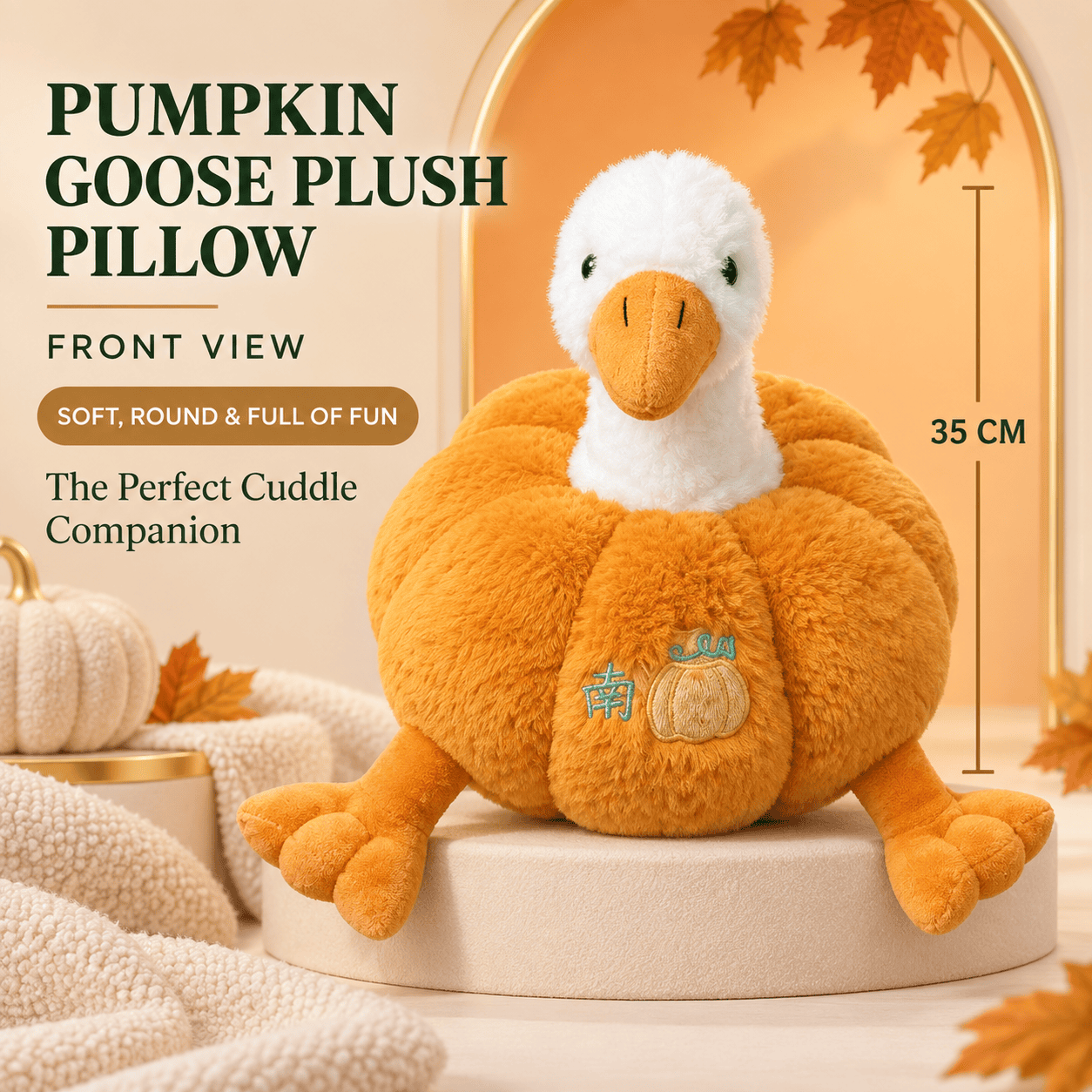 Pumpkin Goose Plush Pillow – Soft Autumn Stuffed Animal Cuddle Toy