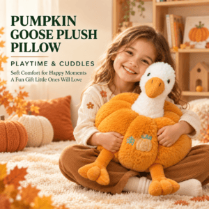 : Young girl sitting on the floor hugging a fluffy pumpkin goose plush pillow with embroidered details. Soft orange pumpkin goose stuffed animal plush toy for kids from the-cub.com.