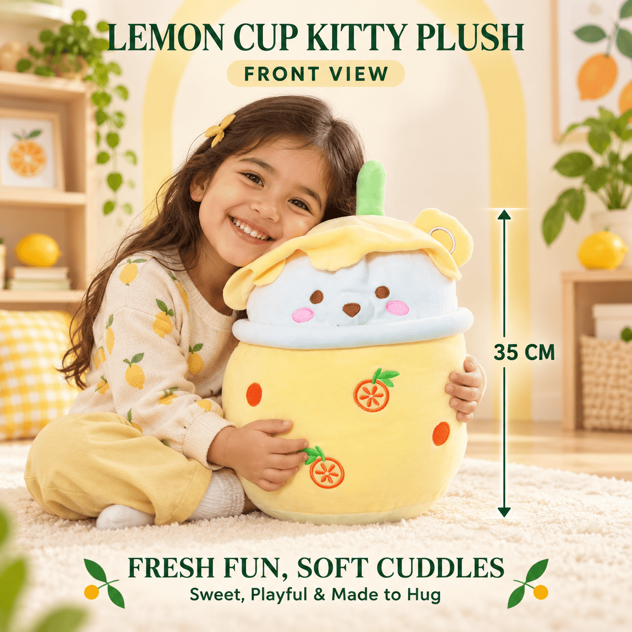 Front view of a sunflower bunny plush toy with yellow flower petals, shimmering ears, and olive-green body.
