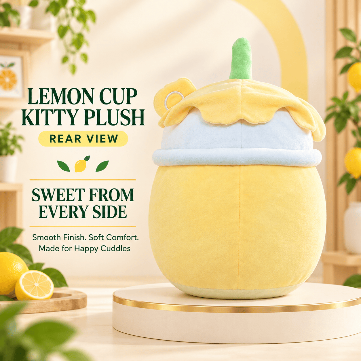 Lemon Cup Kitty Plush – 35cm Soft Citrus Boba Cat Stuffed Pillow