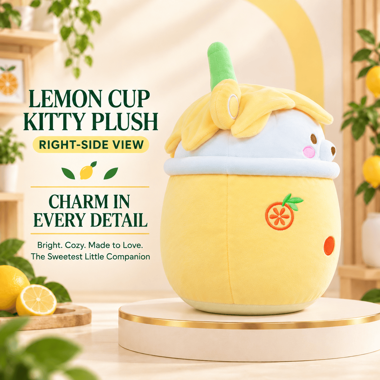 Lemon Cup Kitty Plush – 35cm Soft Citrus Boba Cat Stuffed Pillow