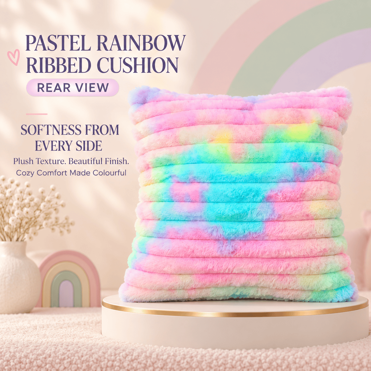 Title Name  Pastel Rainbow Ribbed Cushion – 45cm Soft Faux Fur Throw Pillow for Sofa & Bed Decor