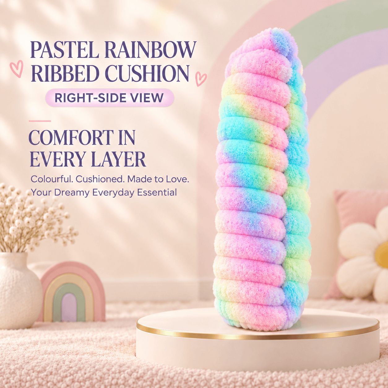 Title Name  Pastel Rainbow Ribbed Cushion – 45cm Soft Faux Fur Throw Pillow for Sofa & Bed Decor