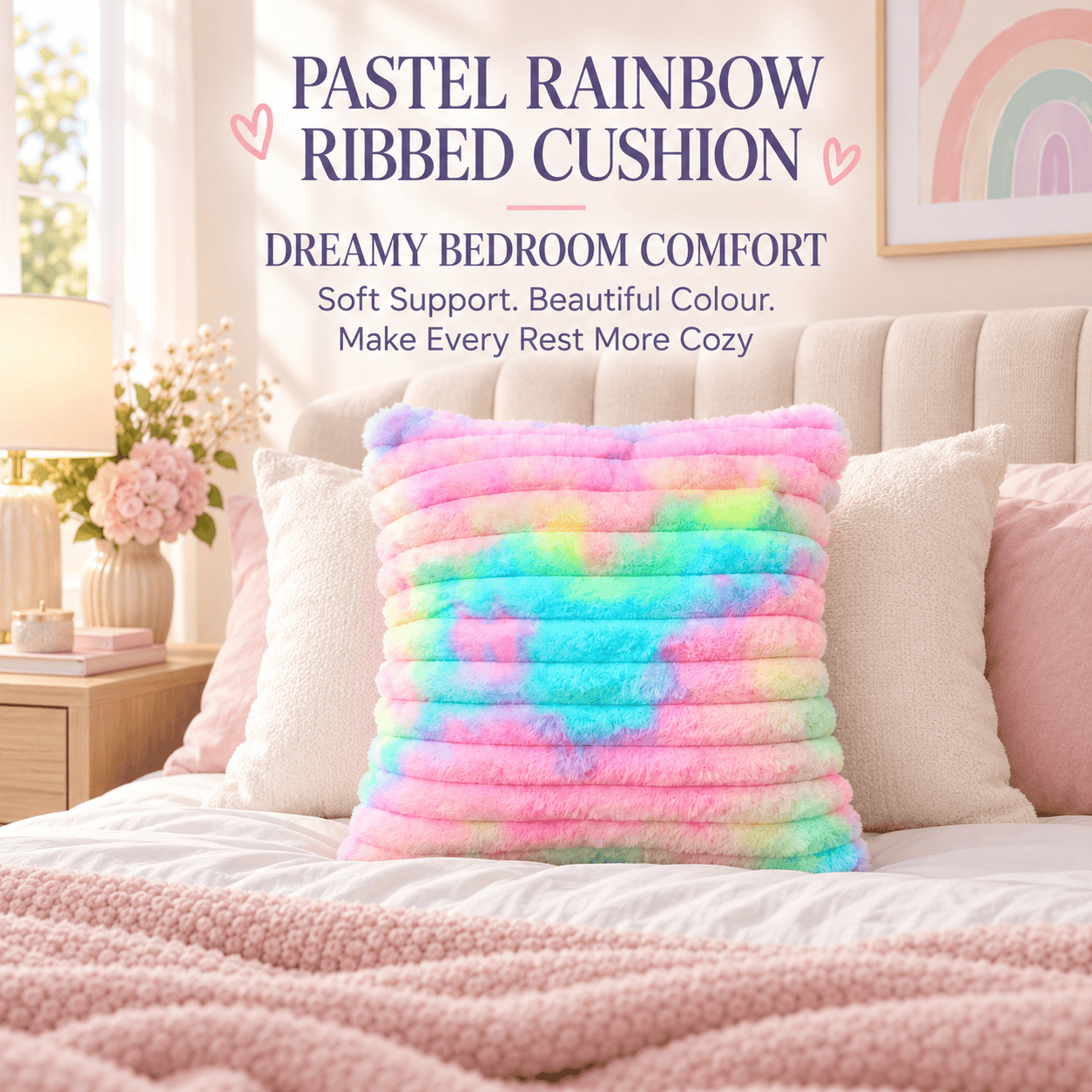 Title Name  Pastel Rainbow Ribbed Cushion – 45cm Soft Faux Fur Throw Pillow for Sofa & Bed Decor