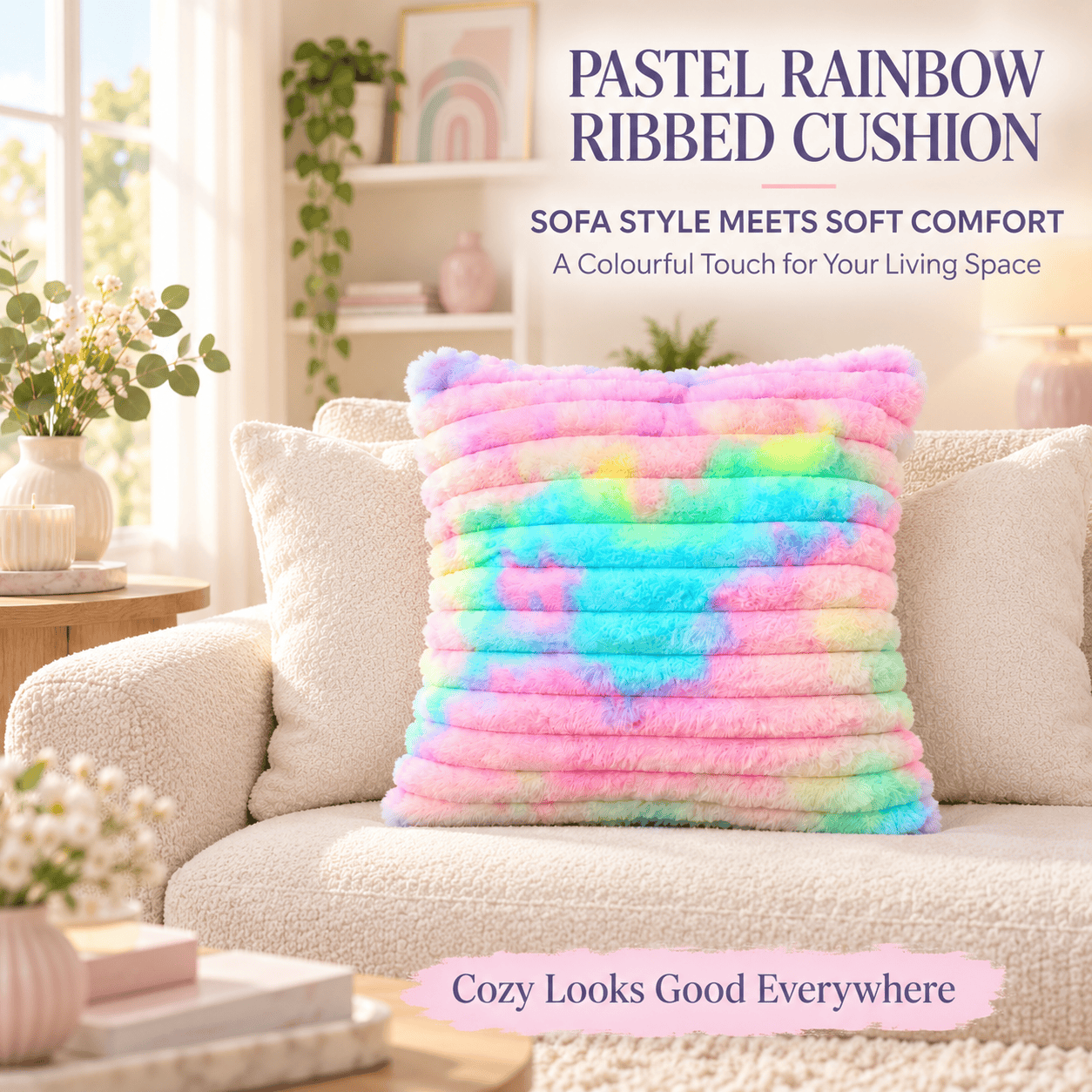 Title Name  Pastel Rainbow Ribbed Cushion – 45cm Soft Faux Fur Throw Pillow for Sofa & Bed Decor