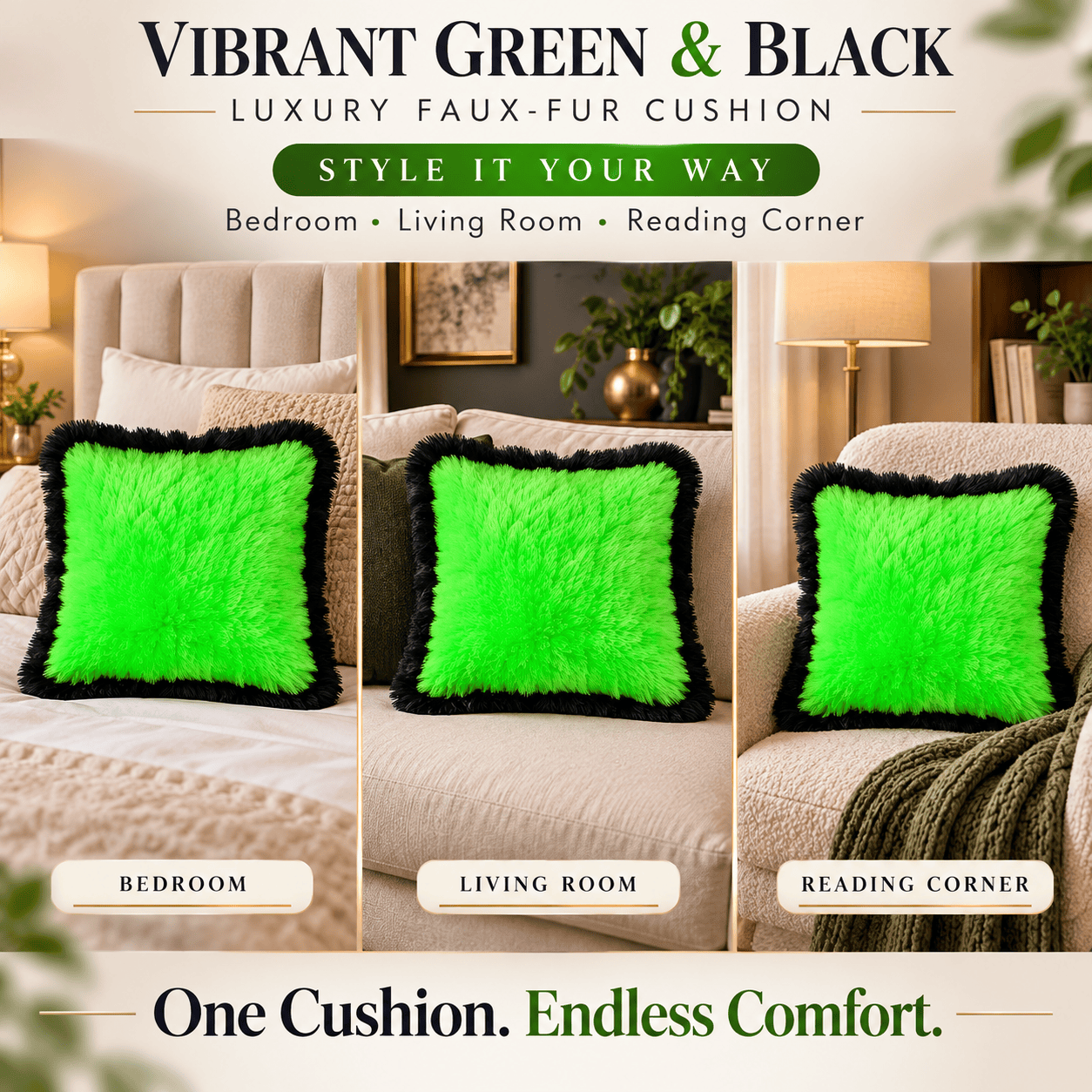 Vibrant Green & Black Luxury Faux-Fur Cushion – 35cm Soft Plush Throw Pillow for Living Space