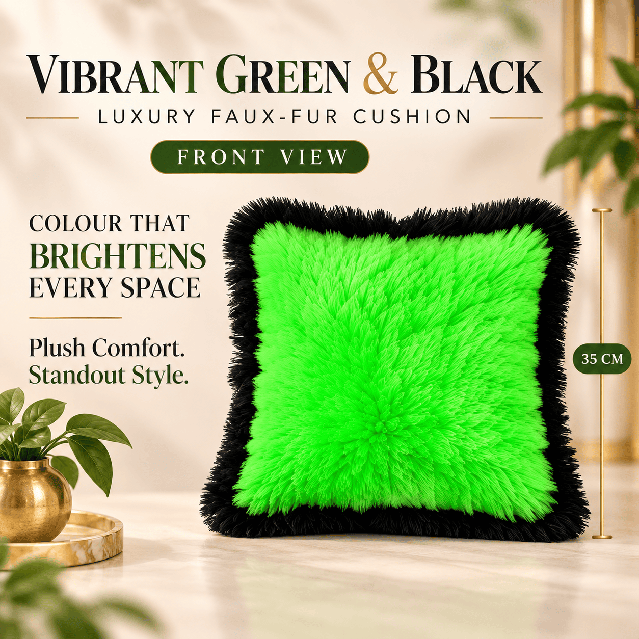 Vibrant Green & Black Luxury Faux-Fur Cushion – 35cm Soft Plush Throw Pillow for Living Space