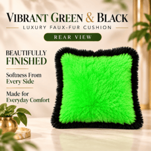 Vibrant Green & Black Luxury Faux-Fur Cushion – 35cm Soft Plush Throw Pillow for Living Space