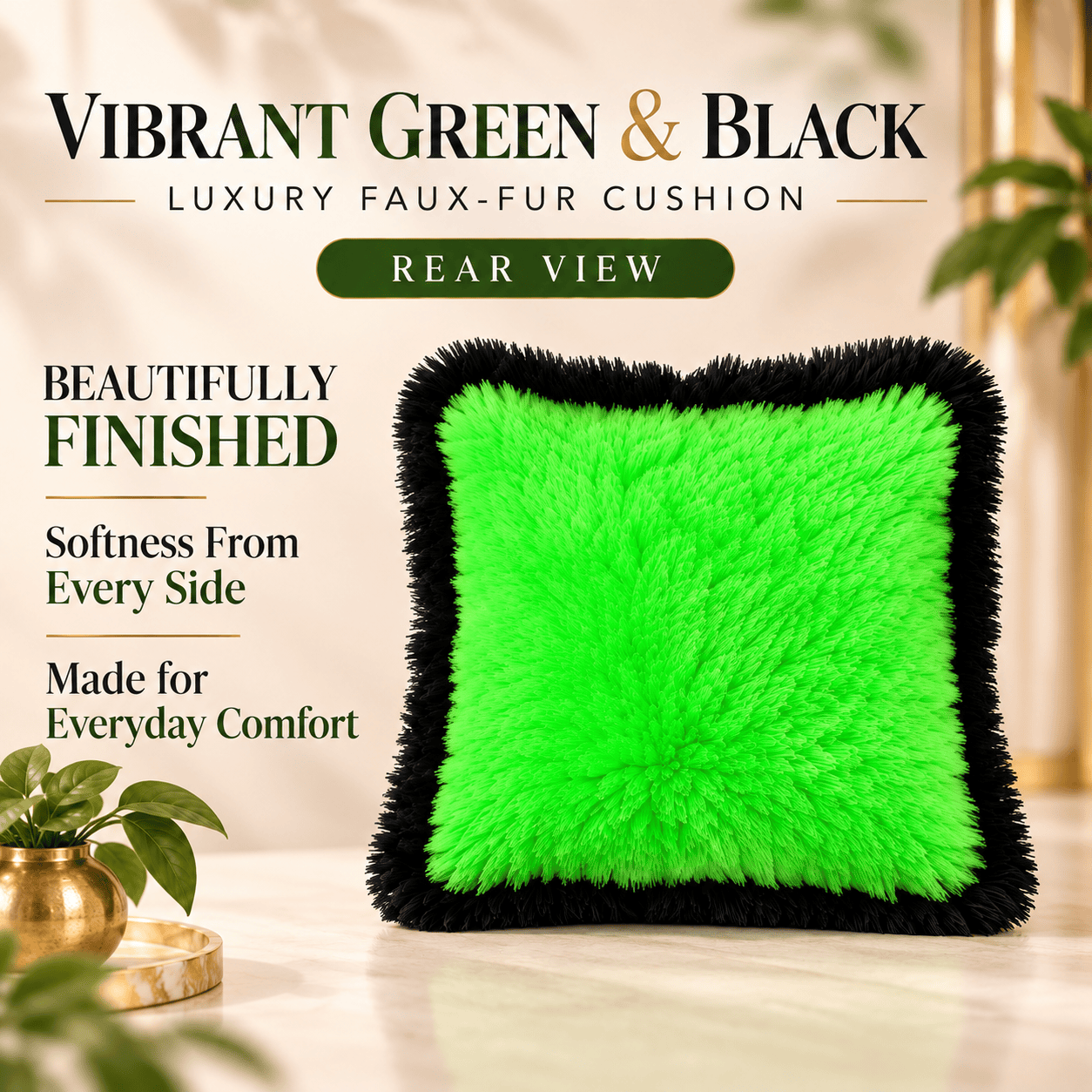Vibrant Green & Black Luxury Faux-Fur Cushion – 35cm Soft Plush Throw Pillow for Living Space