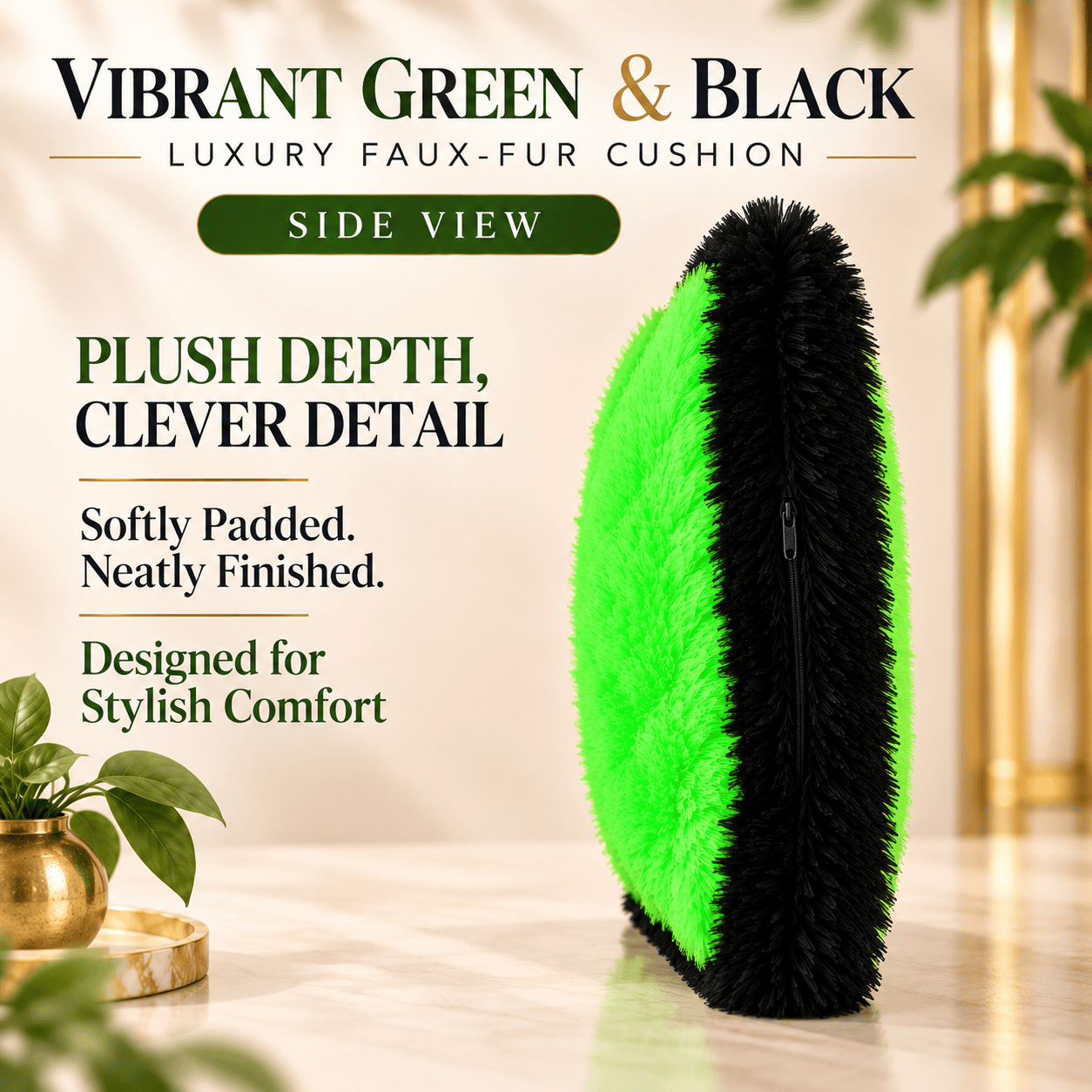 Vibrant Green & Black Luxury Faux-Fur Cushion – 35cm Soft Plush Throw Pillow for Living Space