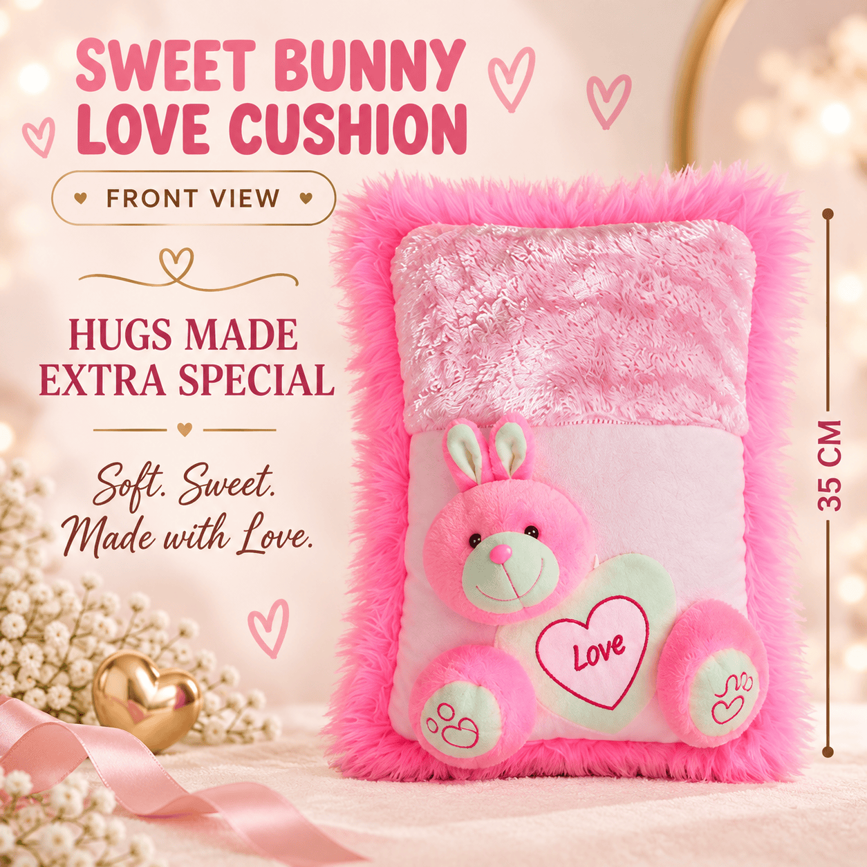 Sweet Bunny Love Cushion – 35cm Soft Plush Throw Pillow with Attached Bunny