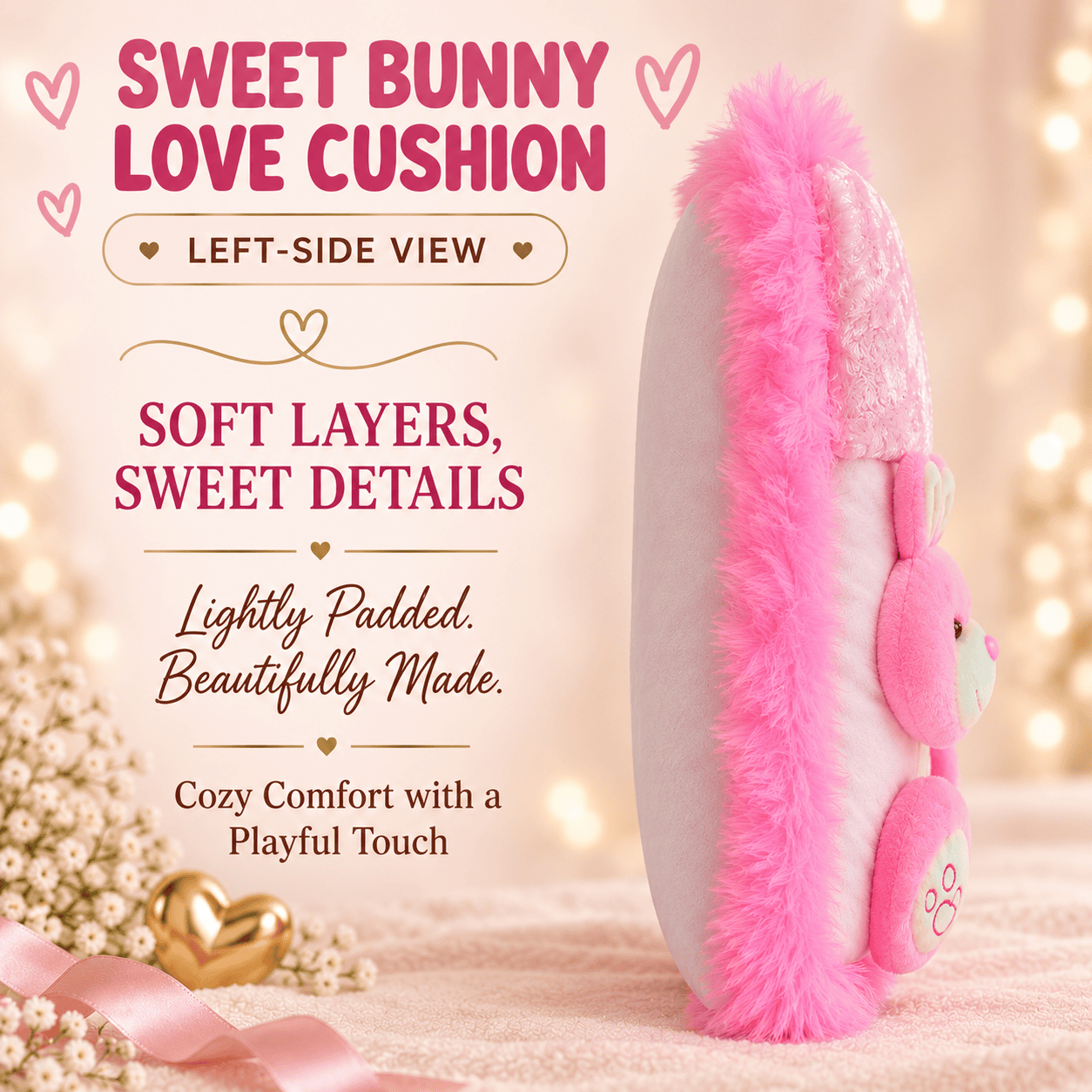 Sweet Bunny Love Cushion – 35cm Soft Plush Throw Pillow with Attached Bunny