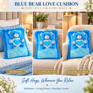 Blue Bear Love Cushion – 35cm Soft Plush Throw Pillow with Attached Teddy Bear