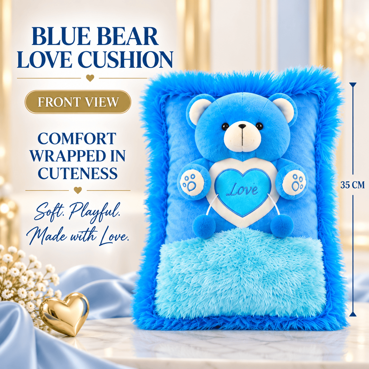 Blue Bear Love Cushion – 35cm Soft Plush Throw Pillow with Attached Teddy Bear