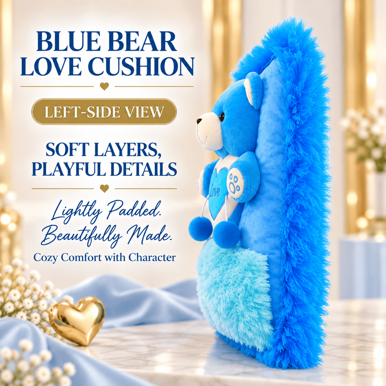Blue Bear Love Cushion – 35cm Soft Plush Throw Pillow with Attached Teddy Bear