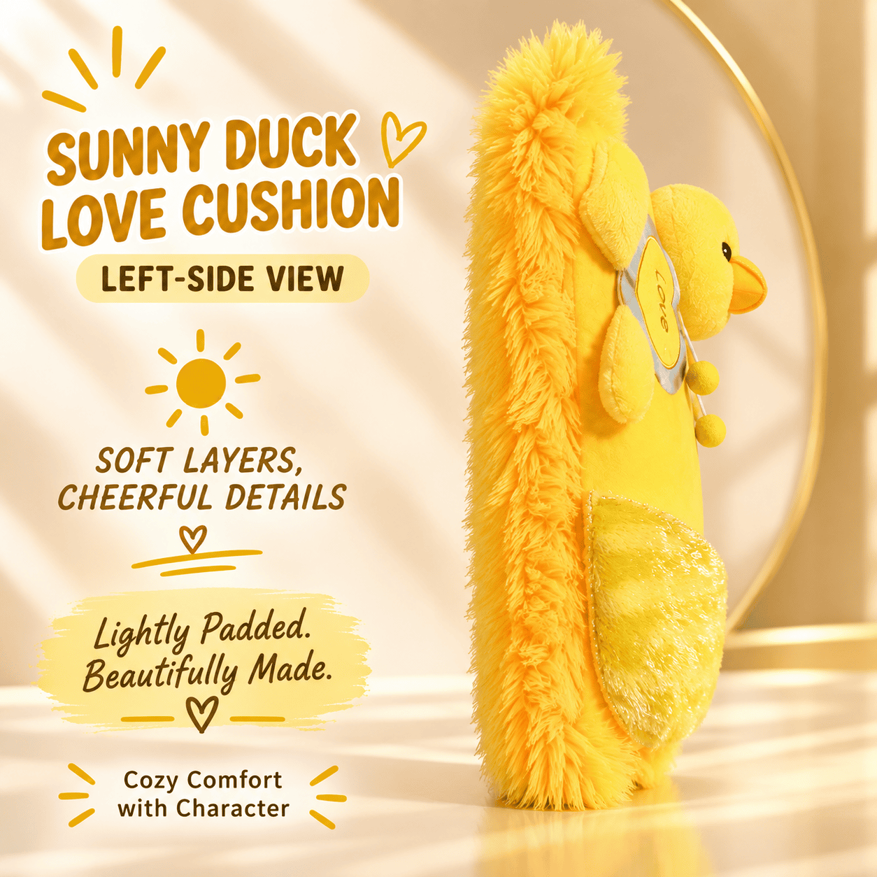Sunny Duck Love Cushion – 35cm Soft Plush Throw Pillow with Attached Plush Toy