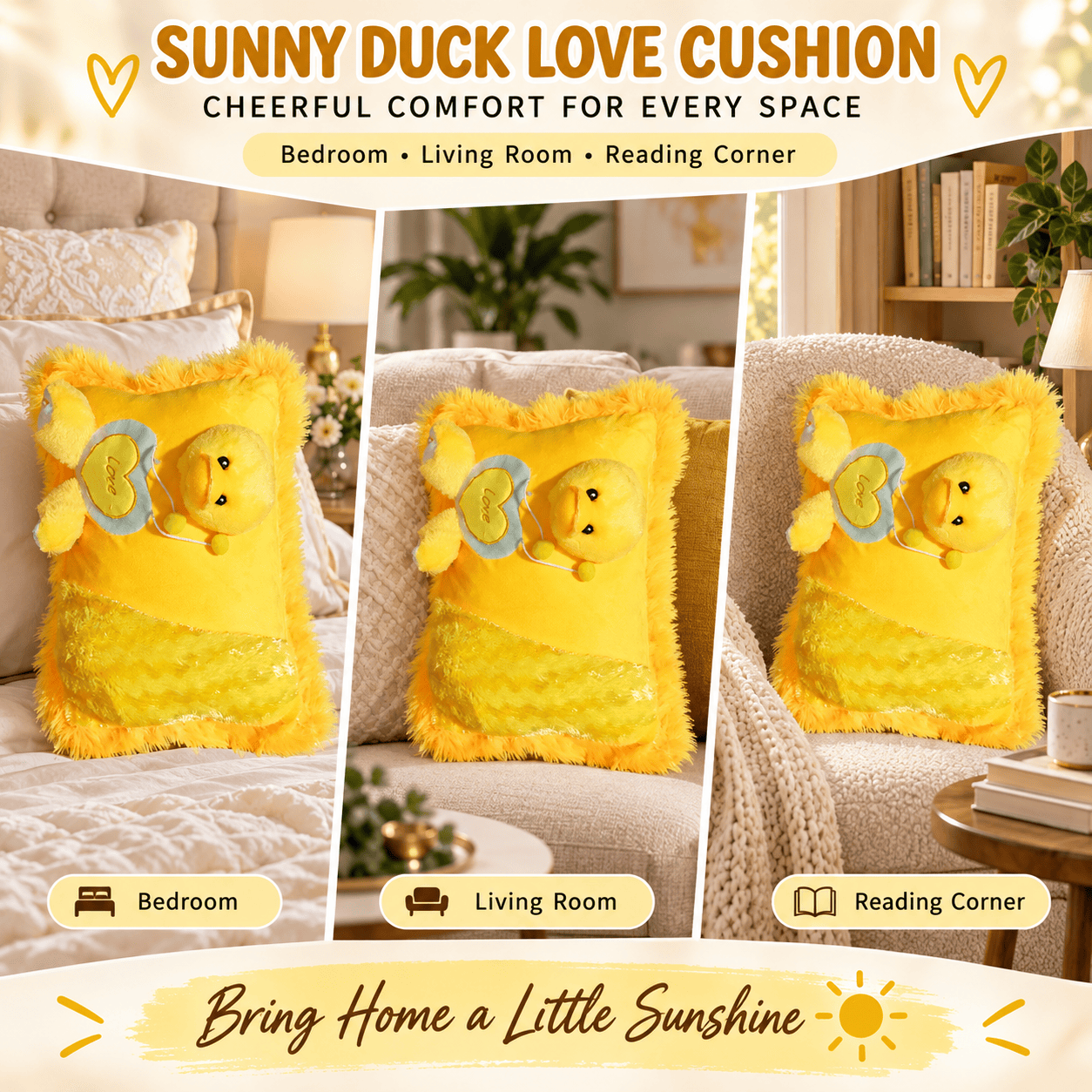 Sunny Duck Love Cushion – 35cm Soft Plush Throw Pillow with Attached Plush Toy