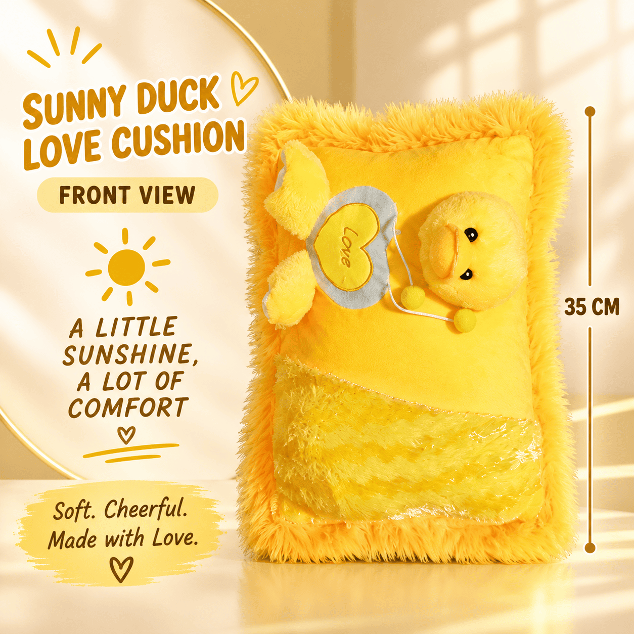Sunny Duck Love Cushion – 35cm Soft Plush Throw Pillow with Attached Plush Toy