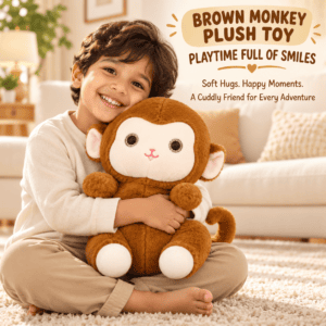 Front view of a 35cm soft brown monkey plush toy with big sparkling eyes and cream face.