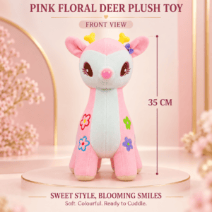 Young girl hugging a pink floral deer plush toy with yellow antlers standing on a plush carpet.