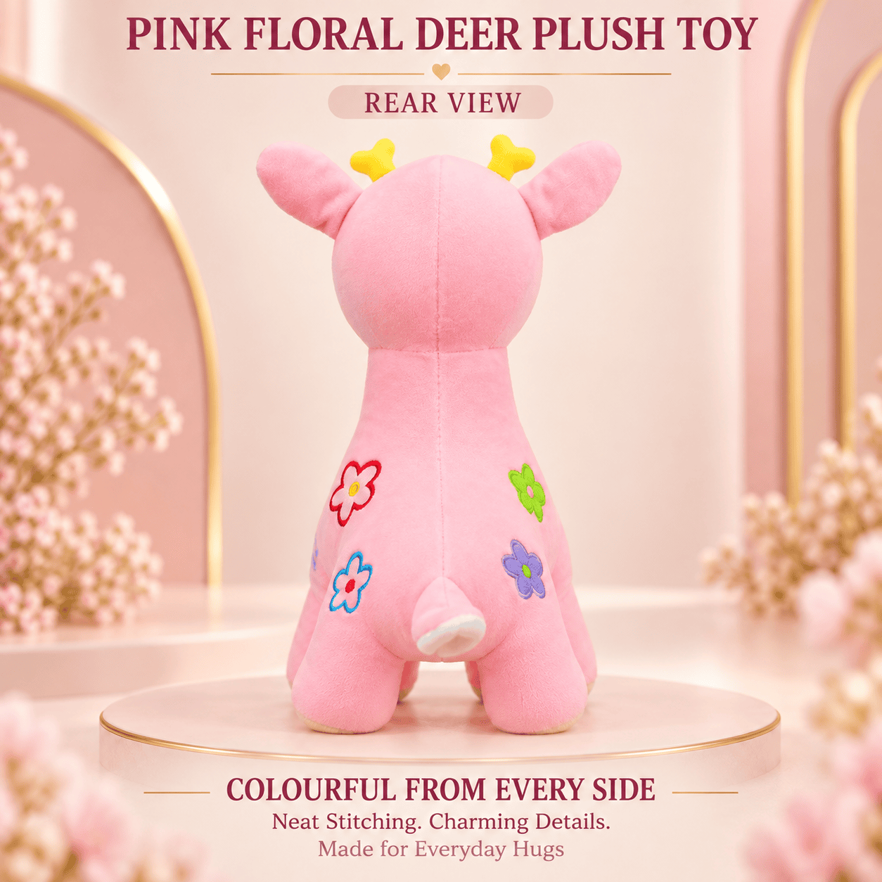 Pink Floral Deer Plush Toy – Soft Fawn Stuffed Animal with Flower Appliques