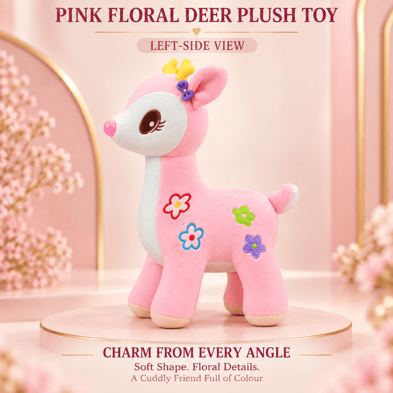 Pink Floral Deer Plush Toy – Soft Fawn Stuffed Animal with Flower Appliques