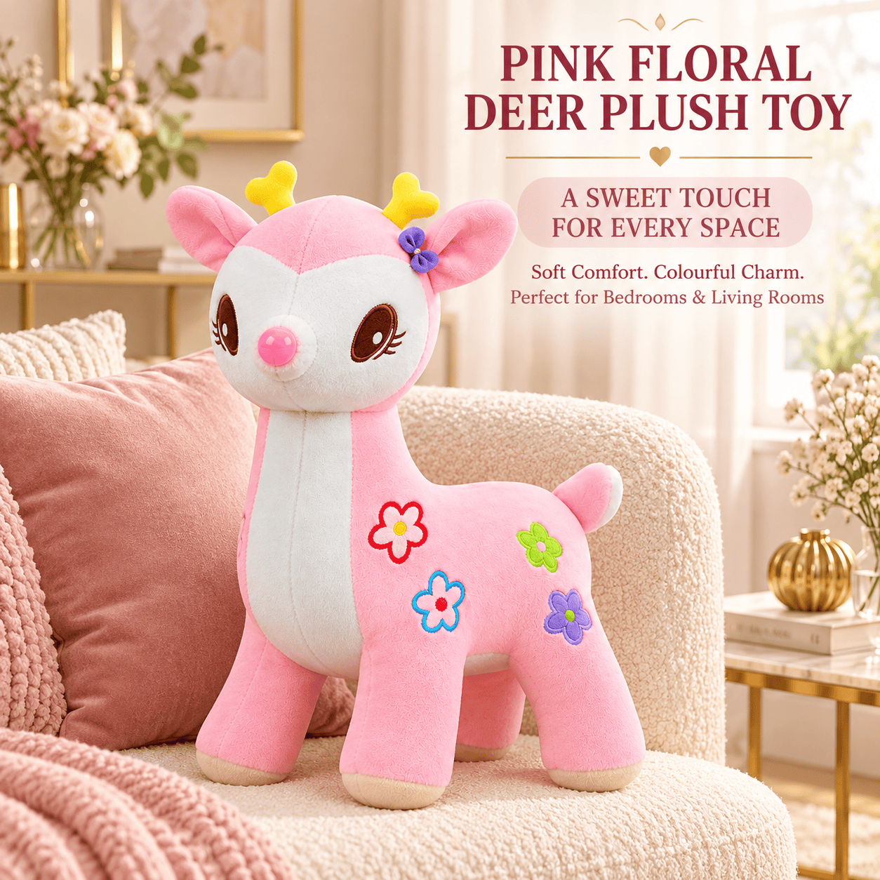 Pink Floral Deer Plush Toy – Soft Fawn Stuffed Animal with Flower Appliques