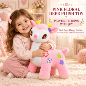 Pink Floral Deer Plush Toy – Soft Fawn Stuffed Animal with Flower Appliques