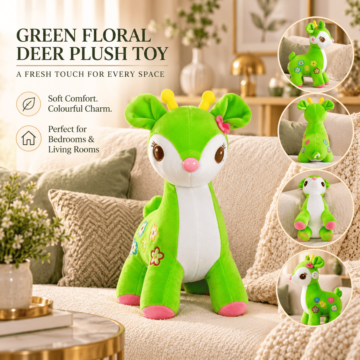 Young girl hugging a green floral deer plush toy with yellow antlers standing on a plush rug.