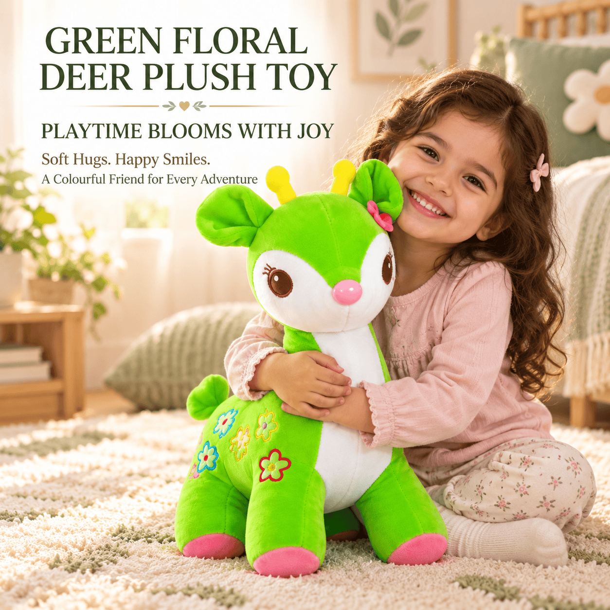 Green Floral Deer Plush Toy – Soft Fawn Stuffed Animal with Flower Appliques