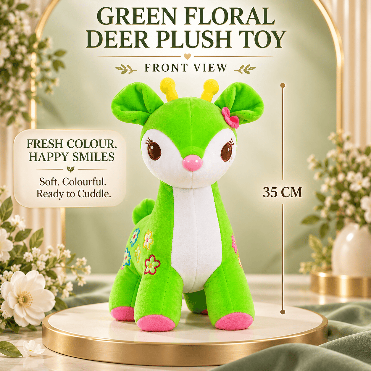 Green Floral Deer Plush Toy – Soft Fawn Stuffed Animal with Flower Appliques