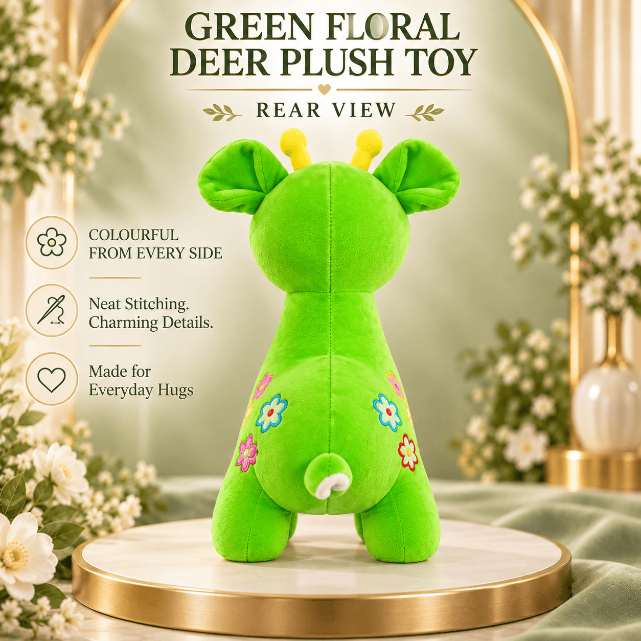 Green Floral Deer Plush Toy – Soft Fawn Stuffed Animal with Flower Appliques